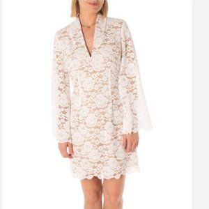 Taylor Size 2P Lace Ivory Overlay Tan Sheath Dress Long Flare Sleeve NWT